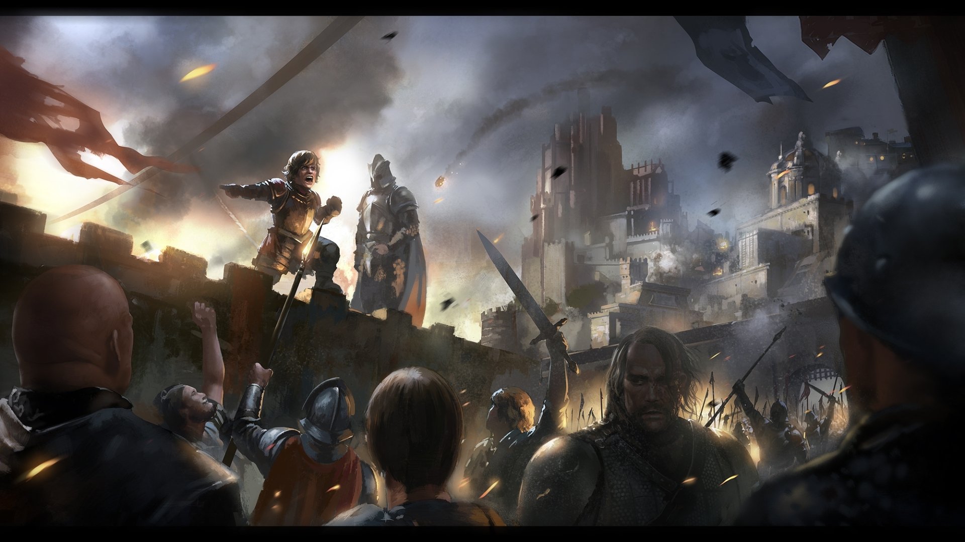 HD fantasy desktop wallpaper depicting Sandor Clegane and Tyrion Lannister amid a battle scene from A Song of Ice and Fire.