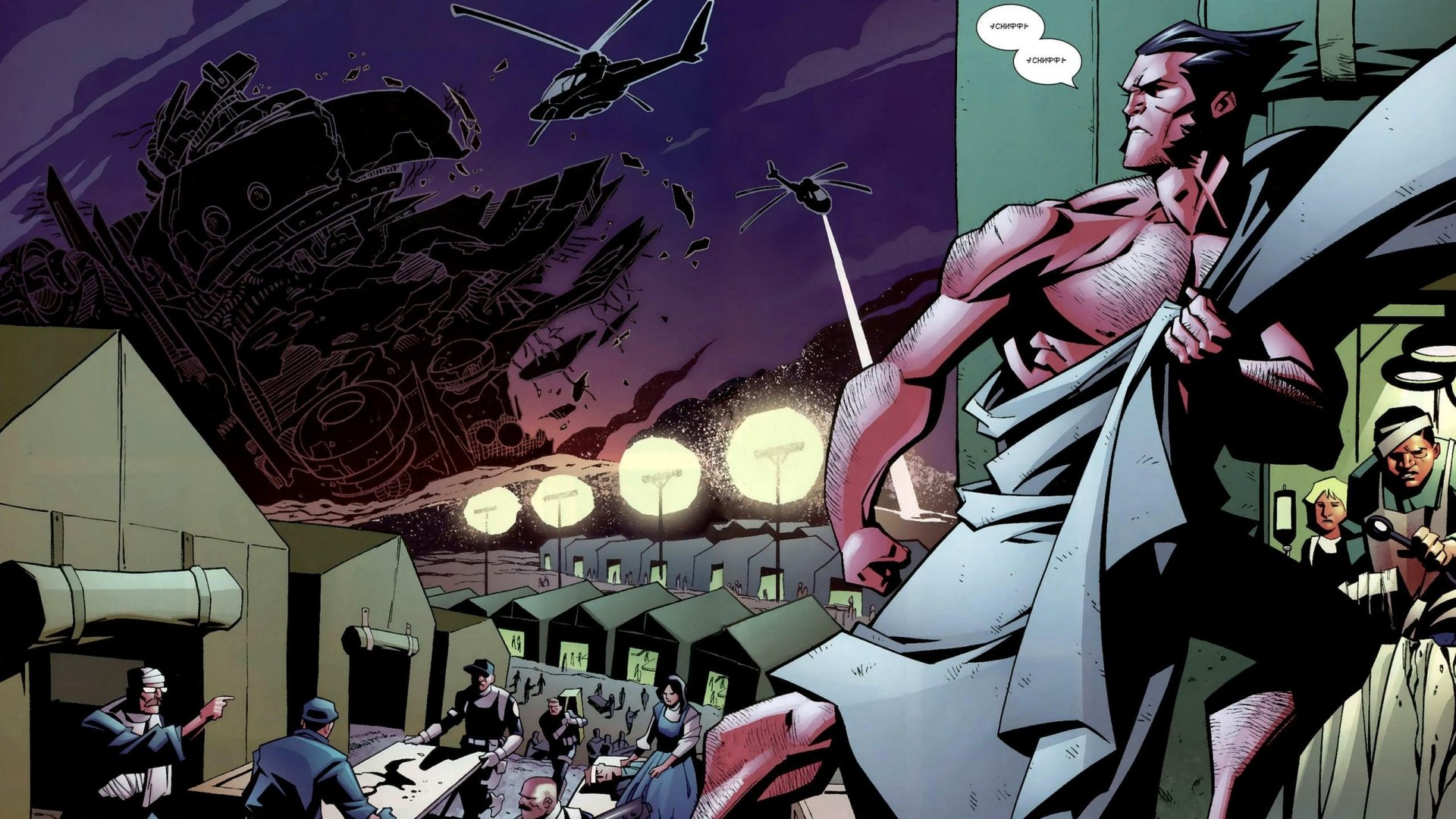 Comic art of Wolverine standing amidst chaos with helicopters and explosions in the background, captured in an 8K Ultra HD PC desktop wallpaper and background style.