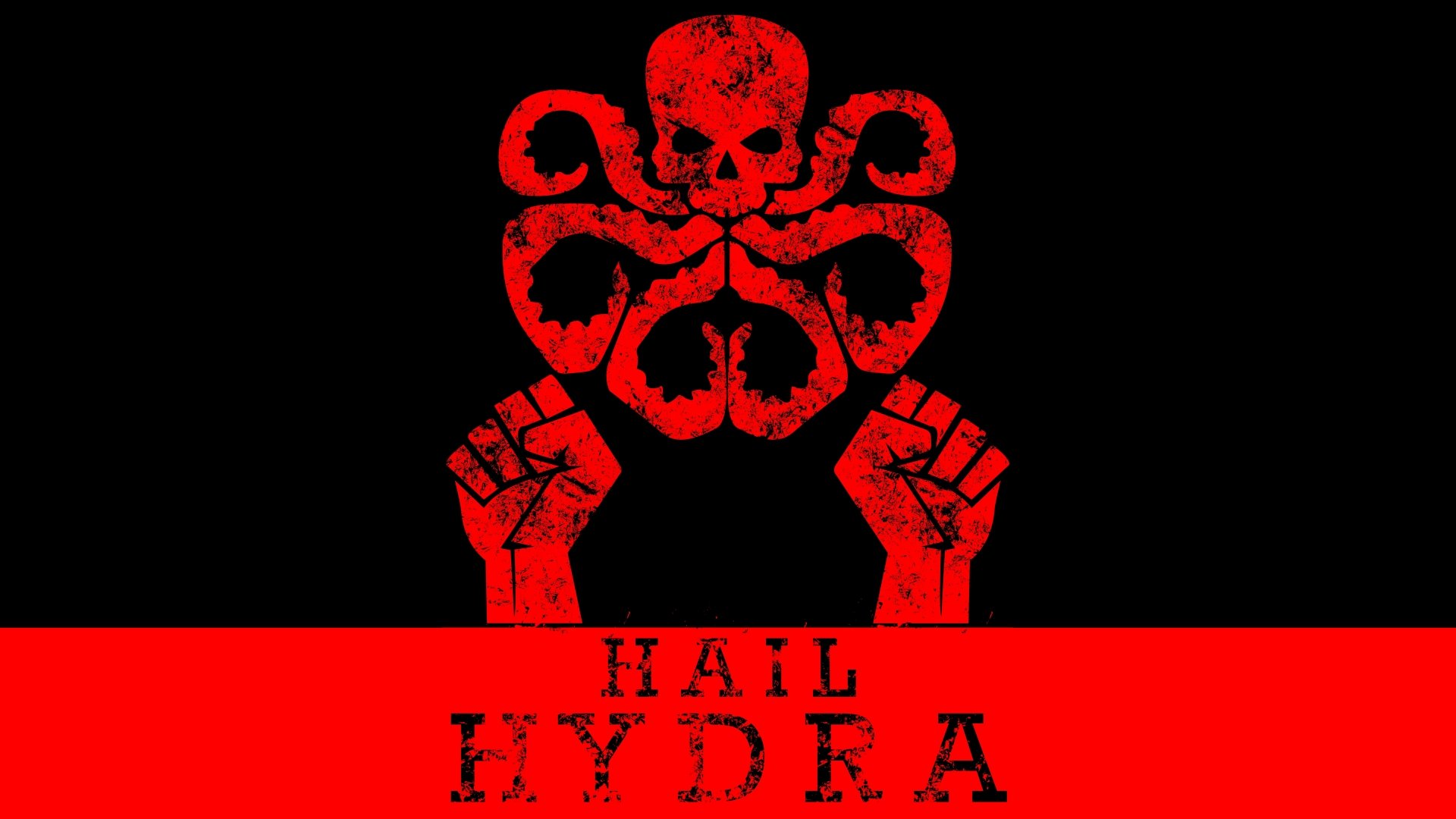 A striking comic-themed 8K Ultra HD wallpaper featuring the iconic Hydra skull and octopus emblem in red against a black background, with the slogan Hail Hydra.