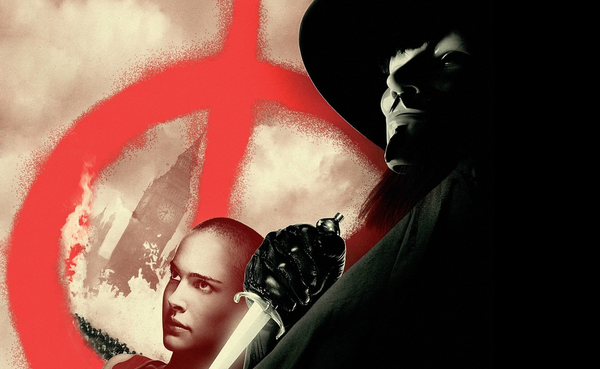 HD PC desktop wallpaper of the movie V for Vendetta: shadowed Guy Fawkes mask and cloak holding a dagger beside a shaved-headed woman, red spray-painted V symbol in a smoky background.
