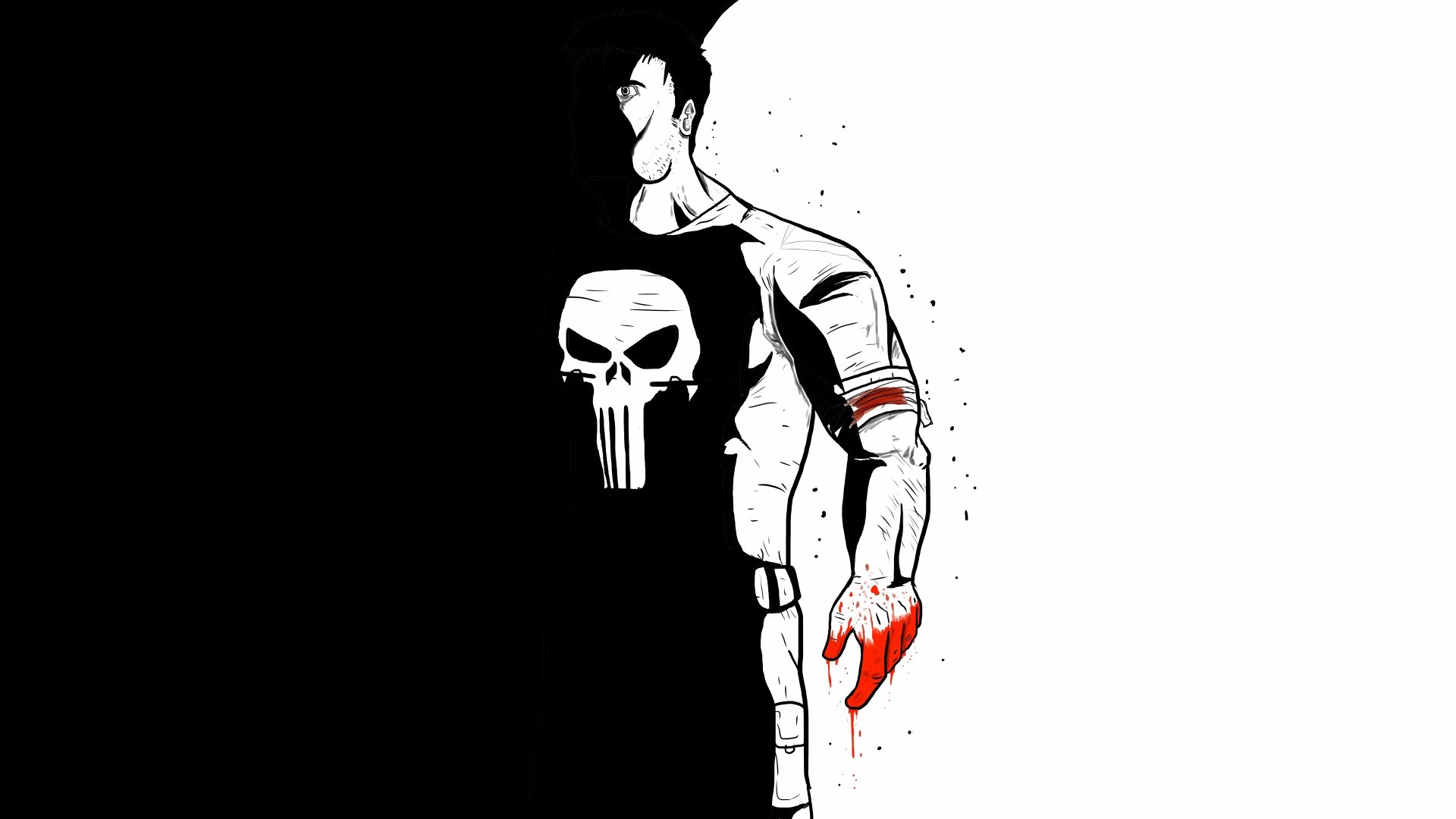A striking 8K Ultra HD wallpaper featuring a comic-style Punisher, depicted with a bold black and white contrast, showcasing a dramatic pose and a bloodied hand.
