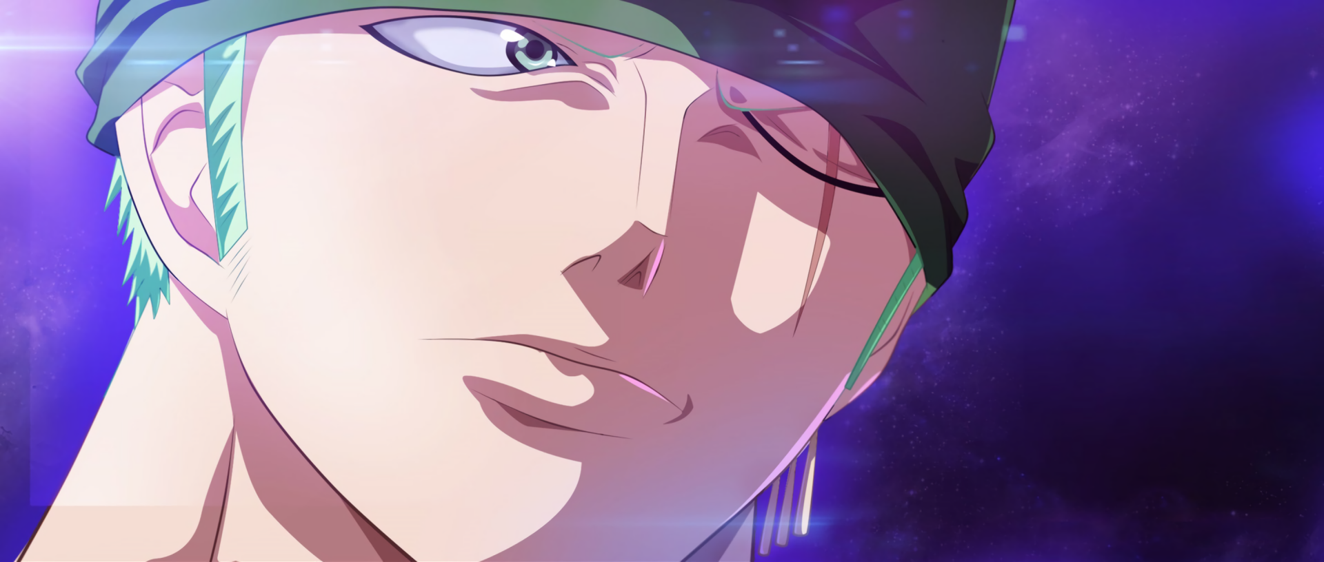 HD desktop wallpaper of Roronoa Zoro from the anime One Piece, featuring a close-up of Zoro's face with a cosmic background.