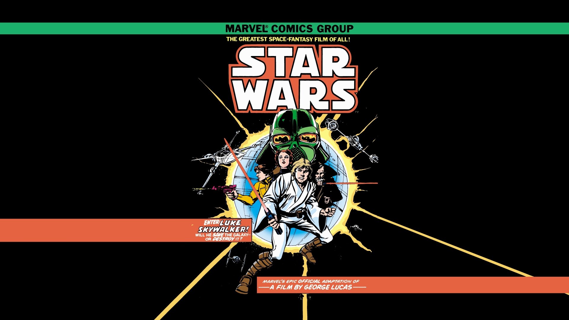 4K Ultra HD Star Wars comic desktop wallpaper featuring classic characters in action with vibrant, retro Marvel Comics style and bold, dynamic design on black background.