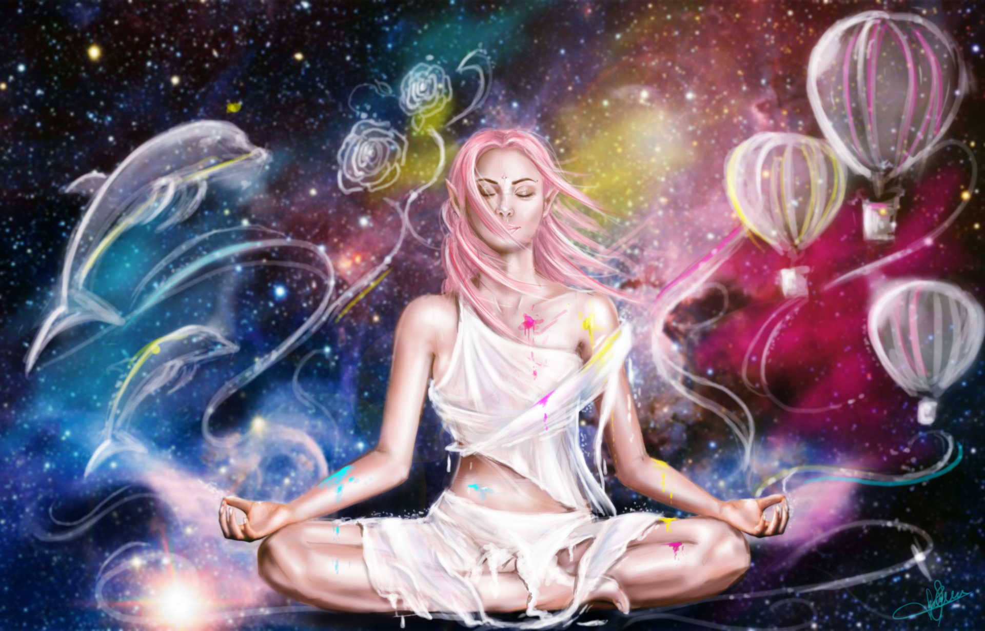 Fantasy-themed HD PC desktop wallpaper depicting a serene elf meditating in space, surrounded by dolphins, glowing butterflies, and floating lanterns.