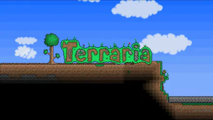 A vibrant HD PC desktop wallpaper featuring the word Terraria adorned with greenery, set against a bright blue sky and fluffy white clouds, capturing the whimsical essence of the game.