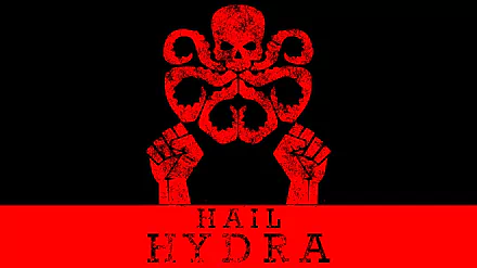 A striking comic-themed 8K Ultra HD wallpaper featuring the iconic Hydra skull and octopus emblem in red against a black background, with the slogan Hail Hydra.