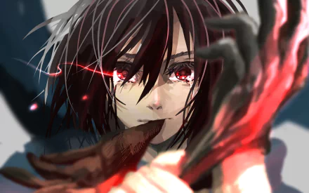 HD desktop wallpaper featuring Mikasa Ackerman from the anime Attack on Titan, with intense red eyes and gripping her blade, showcasing a dramatic and powerful scene.