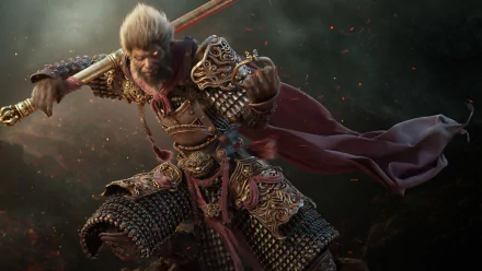 A dynamic HD wallpaper featuring Sun Wukong, the legendary Monkey King, showcasing his fierce stance and ornate armor from the movie The Monkey King.