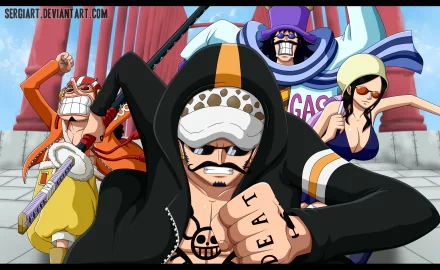 An HD desktop wallpaper and background from One Piece featuring Usopp, Nico Robin, and Trafalgar Law in vibrant anime style.