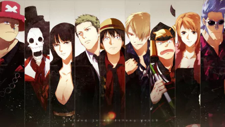 HD wallpaper featuring the main characters from One Piece: Tony Tony Chopper, Franky, Nami, Usopp, Sanji, Monkey D. Luffy, Roronoa Zoro, Nico Robin, and Brook.