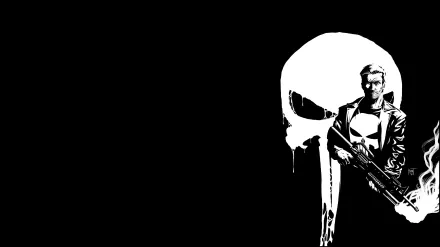 A striking 4K Ultra HD wallpaper featuring the Punisher, depicted in black and white, with a dramatic skull backdrop and a menacing stance, showcasing his iconic character.
