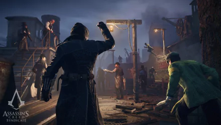 A dynamic scene featuring Jacob Frye from Assassin's Creed: Syndicate, showcasing a dramatic nighttime setting with characters engaged in a tense moment. HD wallpaper quality.