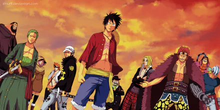HD desktop wallpaper featuring characters from the anime One Piece, standing against a vibrant sunset sky, showcasing their distinctive outfits and dramatic poses.
