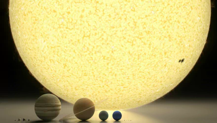 HD Sci-Fi desktop wallpaper featuring the Solar System's planets in front of a giant Sun, showcasing a vibrant and surreal space scene.