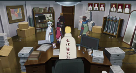 Image of Naruto Uzumaki as Hokage in his office, seen from behind desk. Konohamaru Sarutobi, Mitsuki, Sarada Uchiha, and Boruto Uzumaki are present. From Boruto: Naruto the Movie.