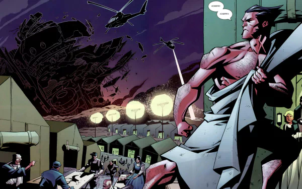 Comic art of Wolverine standing amidst chaos with helicopters and explosions in the background, captured in an 8K Ultra HD PC desktop wallpaper and background style.