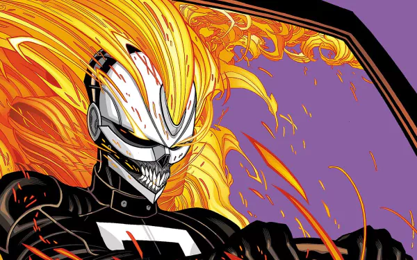 High-definition wallpaper featuring Robbie Reyes as the All-New Ghost Rider, showcasing fiery hair and an intense expression against a vibrant purple background.