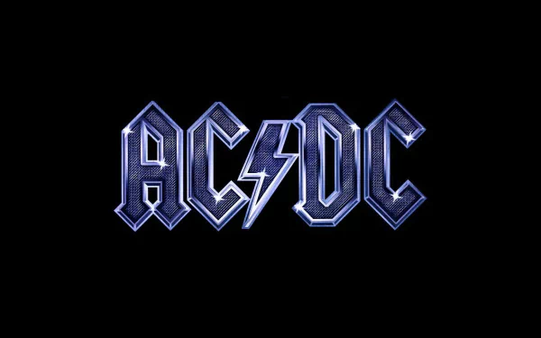 HD PC desktop wallpaper featuring the iconic AC/DC logo in bold metallic blue, representing the legendary rock band's music legacy.