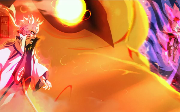 HD wallpaper featuring Naruto Uzumaki in his Six Paths Sage Mode, Sasuke Uchiha, and Susanoo from the anime Naruto, set in a vibrant, action-packed scene.