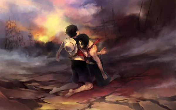 HD desktop wallpaper of One Piece characters Portgas D. Ace and Monkey D. Luffy in an intense, emotional scene amidst a dramatic, smoky landscape.