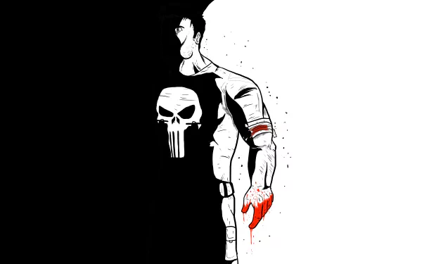 A striking 8K Ultra HD wallpaper featuring a comic-style Punisher, depicted with a bold black and white contrast, showcasing a dramatic pose and a bloodied hand.