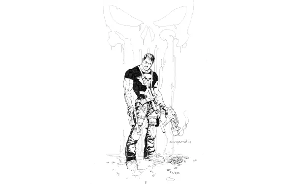 A detailed black-and-white illustration of the Punisher, featuring him in a tactical outfit with his signature weapon, set against a stark background. An 8K Ultra HD desktop wallpaper.
