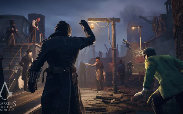 A dynamic scene featuring Jacob Frye from Assassin's Creed: Syndicate, showcasing a dramatic nighttime setting with characters engaged in a tense moment. HD wallpaper quality.