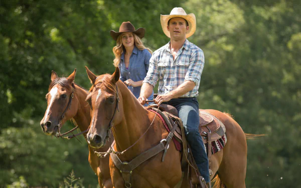 4K Ultra HD wallpaper featuring a scene from the movie The Longest Ride with a man and woman riding horses in a lush, green outdoor setting.