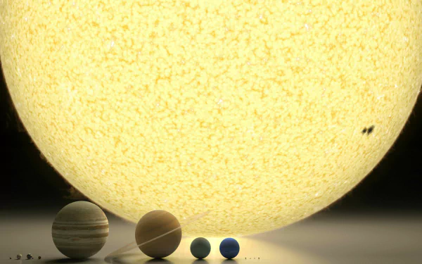 HD Sci-Fi desktop wallpaper featuring the Solar System's planets in front of a giant Sun, showcasing a vibrant and surreal space scene.