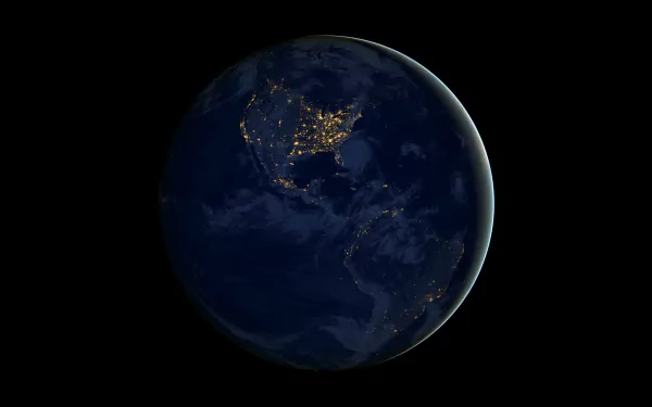 4K Ultra HD desktop wallpaper showing Earth from space at night, highlighting city lights across the continents against the dark backdrop of nature.