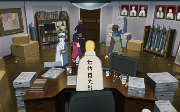 Image of Naruto Uzumaki as Hokage in his office, seen from behind desk. Konohamaru Sarutobi, Mitsuki, Sarada Uchiha, and Boruto Uzumaki are present. From Boruto: Naruto the Movie.