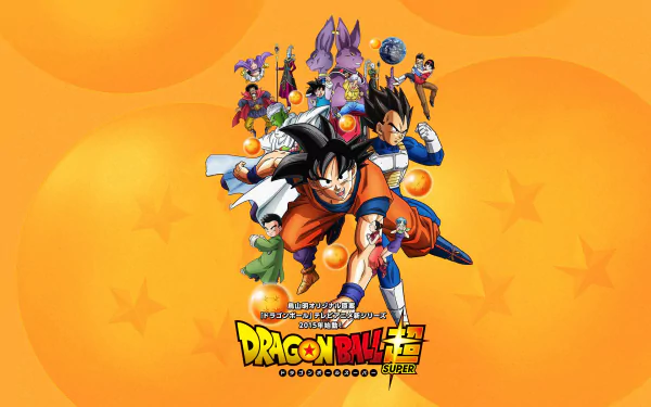 HD desktop wallpaper featuring characters from Dragon Ball Super against an orange background with Dragon Balls.