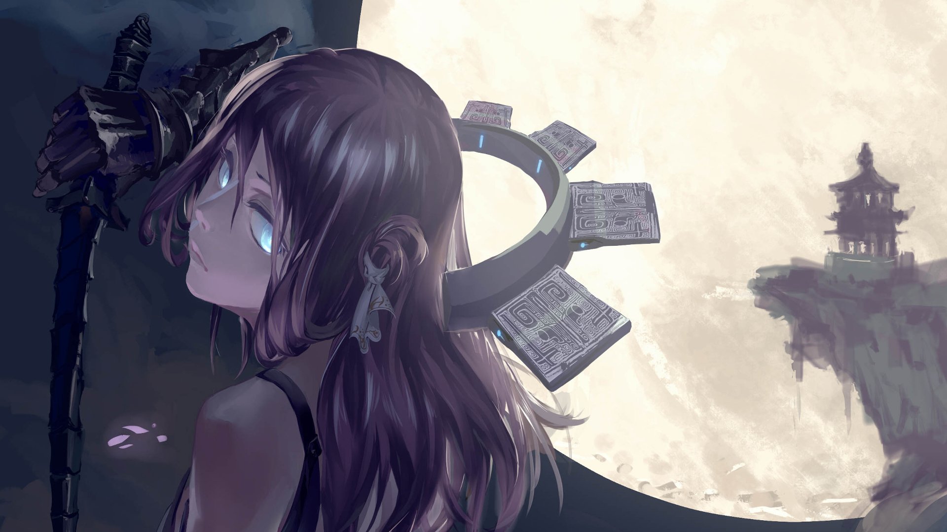 HD anime original artwork featuring a mysterious girl with glowing eyes against a moonlit background, designed as a striking PC desktop wallpaper.