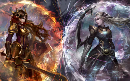 HD desktop wallpaper featuring Leona and Diana from League of Legends, representing the Targon region. Leona is depicted in gold armor bathed in fiery hues, while Diana stands in cool, silver tones.
