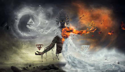 Fantasy elemental figure in dynamic pose, merging fire, air, and earth elements, rendered in high detail as an HD PC desktop wallpaper and background.