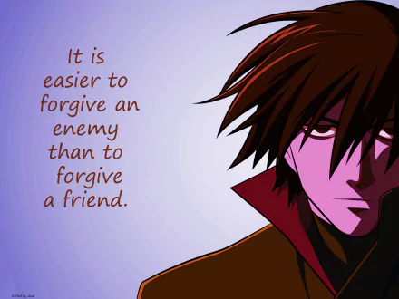 A dark-themed anime wallpaper featuring Hei from Darker than Black, with a quote about forgiveness alongside his striking expression and dynamic hairstyle.