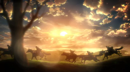 HD desktop wallpaper of the Scouting Legion from Attack on Titan anime, riding horses at sunset under a vibrant sky with scattered clouds.
