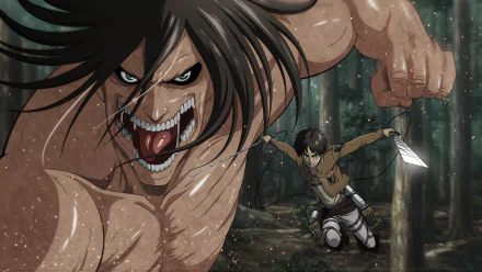 HD desktop wallpaper featuring Eren Yeager from Attack on Titan anime. Eren, in his Titan form, is menacingly roaring while the human Eren charges forward with a blade in a forest setting.