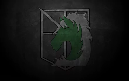 HD desktop wallpaper featuring the Military Police Brigade emblem from the anime Attack on Titan. The design showcases a green unicorn head within a shield on a dark, textured background.