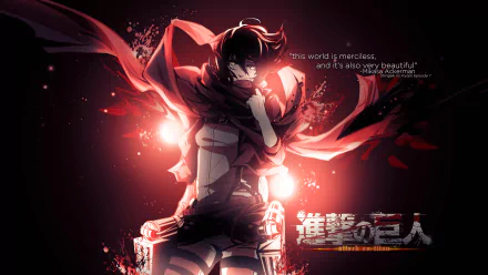 HD desktop wallpaper of Mikasa Ackerman from the anime Attack on Titan. Mikasa is depicted with a red scarf in a dramatic pose, with a quote and the series title in Japanese text.