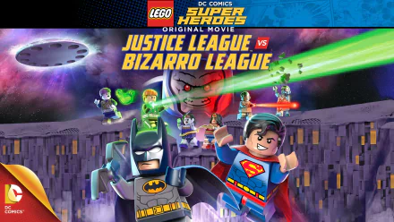 HD PC desktop wallpaper featuring LEGO DC Comics Super Heroes from the movie Justice League vs. Bizarro League, showcasing Batman, Superman, and other characters in action.