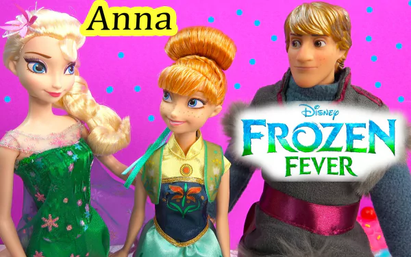 HD PC desktop wallpaper of Disney's Frozen Fever: Elsa, Anna (labelled) and Kristoff on a bright pink confetti background with the Frozen Fever logo.