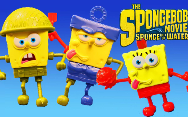 Colorful HD wallpaper featuring characters from *The SpongeBob Movie: Sponge Out of Water*, showcasing SpongeBob in various playful poses against a vibrant blue background.