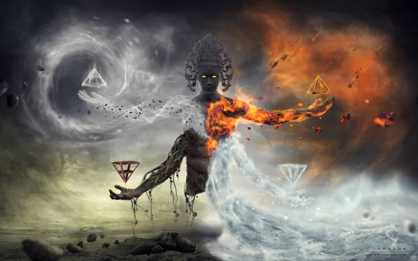 Fantasy elemental figure in dynamic pose, merging fire, air, and earth elements, rendered in high detail as an HD PC desktop wallpaper and background.