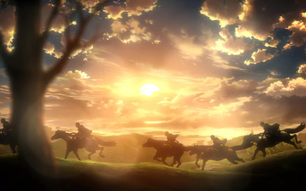 HD desktop wallpaper of the Scouting Legion from Attack on Titan anime, riding horses at sunset under a vibrant sky with scattered clouds.