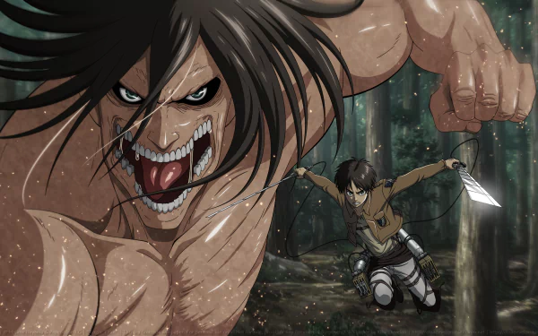 HD desktop wallpaper featuring Eren Yeager from Attack on Titan anime. Eren, in his Titan form, is menacingly roaring while the human Eren charges forward with a blade in a forest setting.