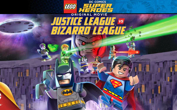 HD PC desktop wallpaper featuring LEGO DC Comics Super Heroes from the movie Justice League vs. Bizarro League, showcasing Batman, Superman, and other characters in action.