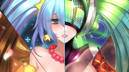 HD desktop wallpaper featuring Sona from League of Legends, showcasing two distinct skins; classic with blue hair and star-shaped hairpins, and futuristic with a metallic headset and green accents.
