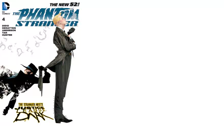Comic: Phantom Stranger 5K Ultra HD PC desktop wallpaper — trenchcoat-clad Phantom Stranger standing in profile with logo and a shadowed figure on a white background.