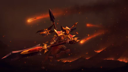 A dynamic depiction of Legion Commander from DotA 2, wielding a spear and clad in armor, set against a dramatic backdrop of falling meteors. An engaging HD wallpaper for fans of the game.